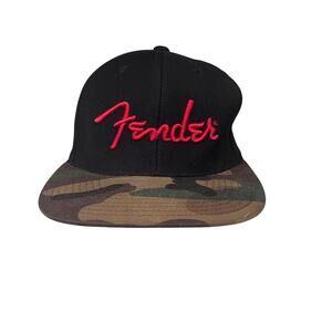 Fender Guitar Camo Flatbill Hat Snapback Cap Black Red Logo One Size